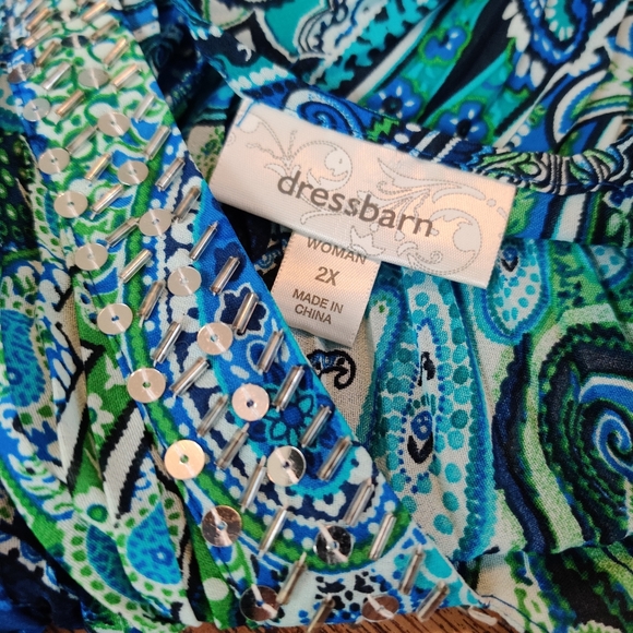 Dress Barn Blue Green Sparkle Beaded Bell Sleeve Blouse Swim Cover-up EUC sz 2X - Picture 7 of 9